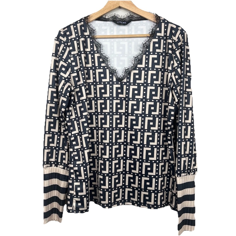 ChicMe‎ Eyelash Blouse Size Large Greek Key Striped Black Tan Office Corpcore